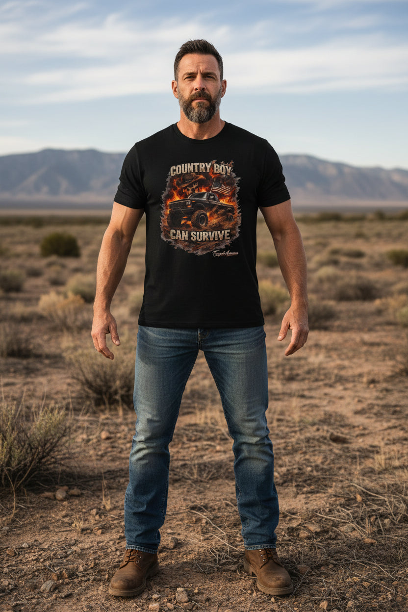 COUNTRY BOY CAN SURVIVE T-SHIRT – TRUCK FIRE PATRIOTIC OUTLAW TEE