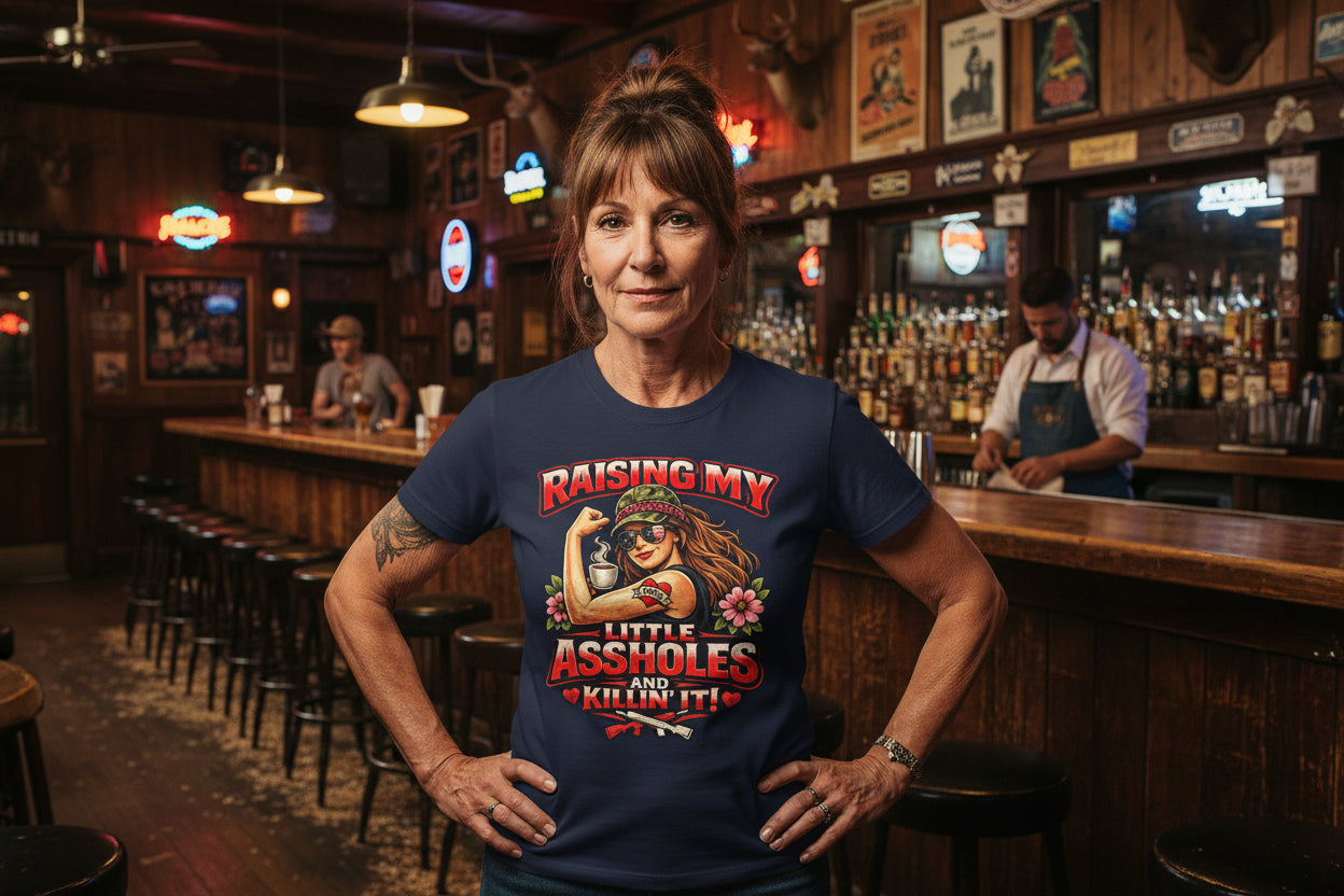 RAISING MY LITTLE ASSHOLES & KILLIN’ IT – Funny Badass Mom T-Shirt