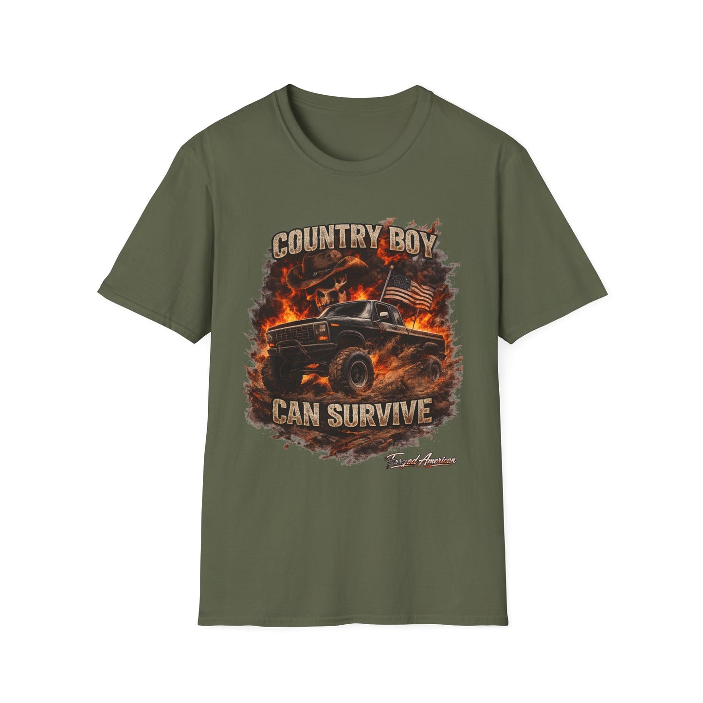 COUNTRY BOY CAN SURVIVE T-SHIRT – TRUCK FIRE PATRIOTIC OUTLAW TEE