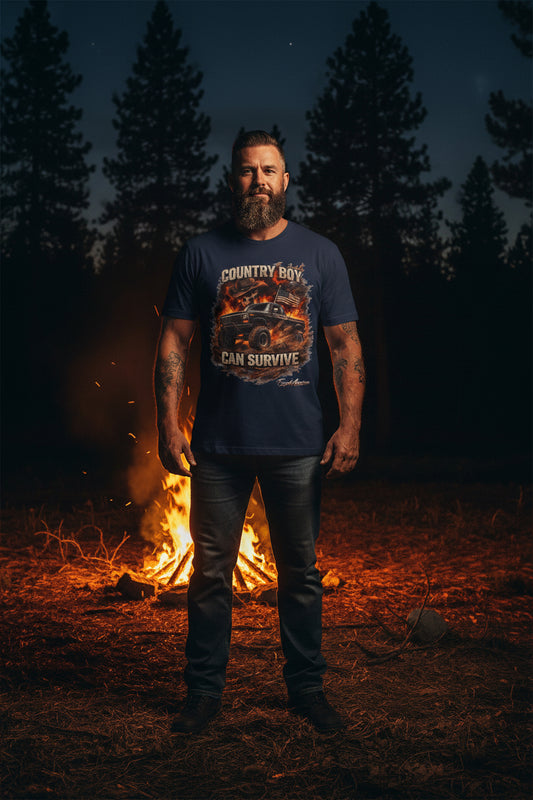COUNTRY BOY CAN SURVIVE T-SHIRT – TRUCK FIRE PATRIOTIC OUTLAW TEE