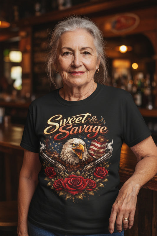 SWEET & SAVAGE WOMEN’S T-SHIRT | PATRIOTIC EAGLE GRAPHIC TEE | BOLD AMERICAN PRIDE SHIRT